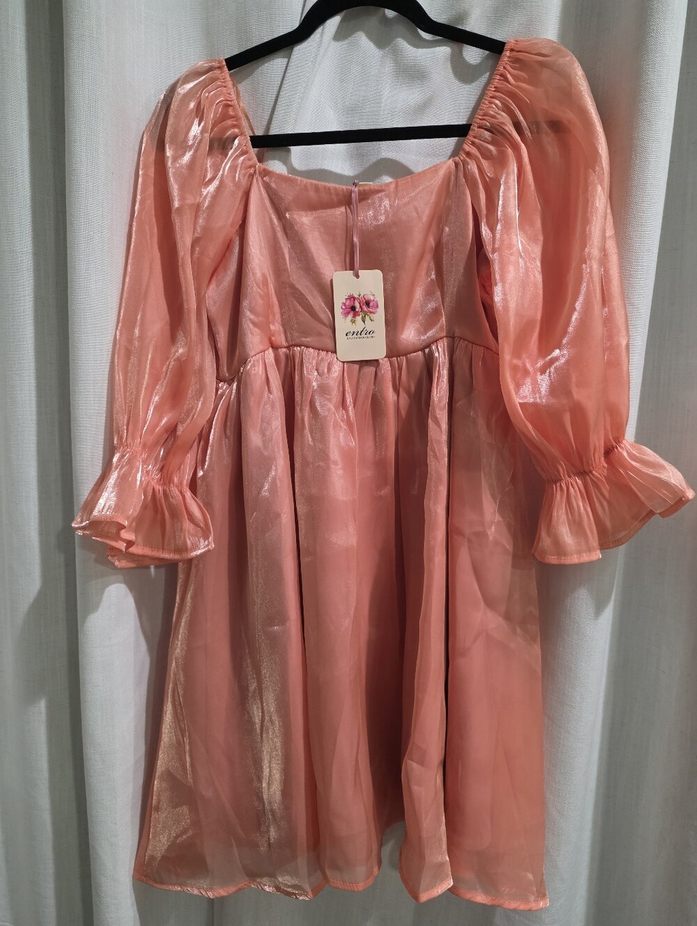 NWT Entro Iridescent Coral Babydoll Puff Sleeve Mini Dress M